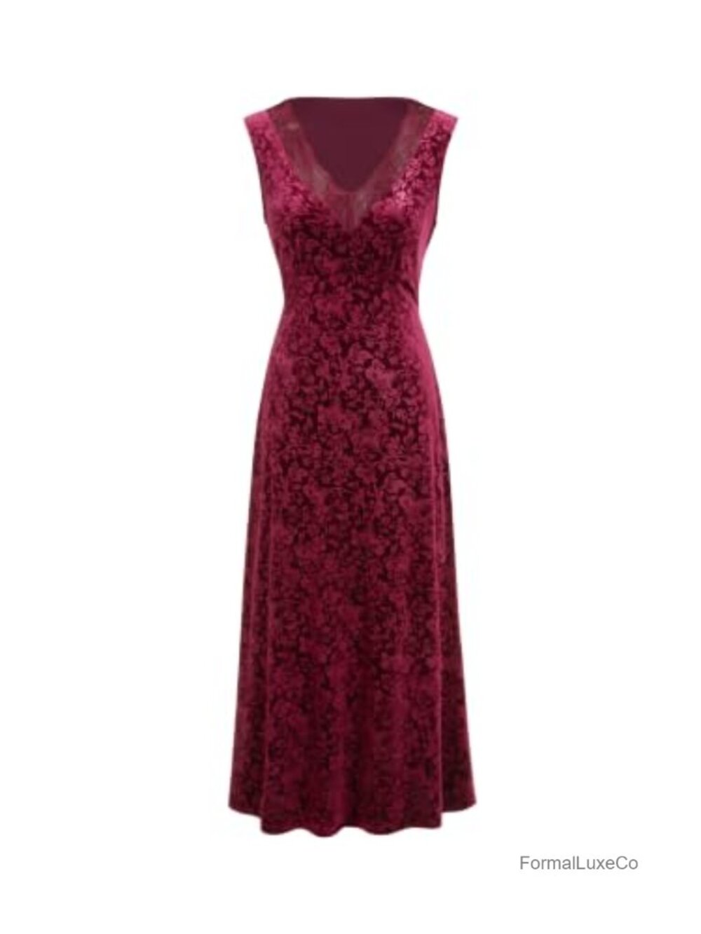 Velvet Maxi Dress V Neck Lace Trim Sleeveless Formal Party Dress